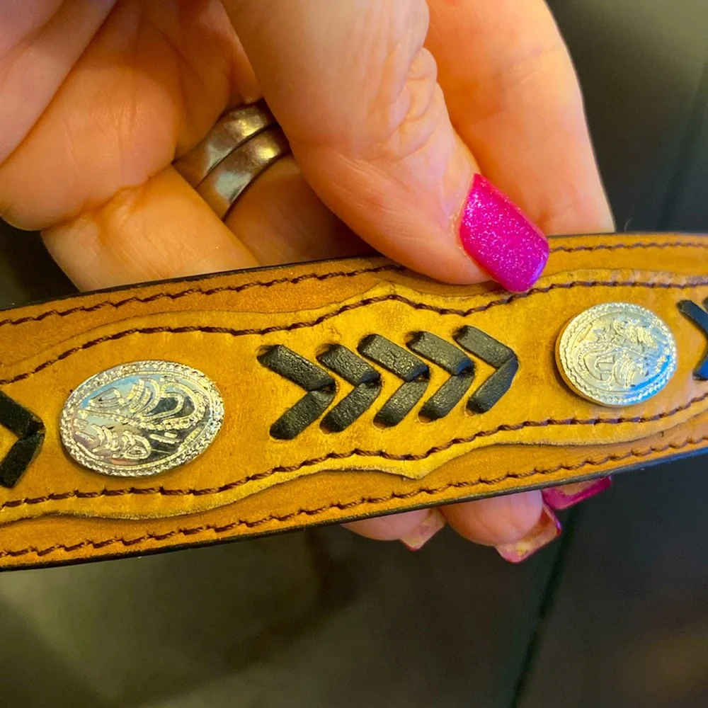 Nocona Western Leather Belt ~ Woven Inlay, Silver Conchos Interchangeable Buckle